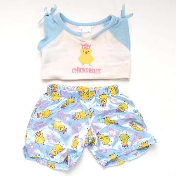Build A Bear Clothes BAB Outfit Chicks Rule Chickens Blue Pink Yellow Pajamas - Picture 1 of 5